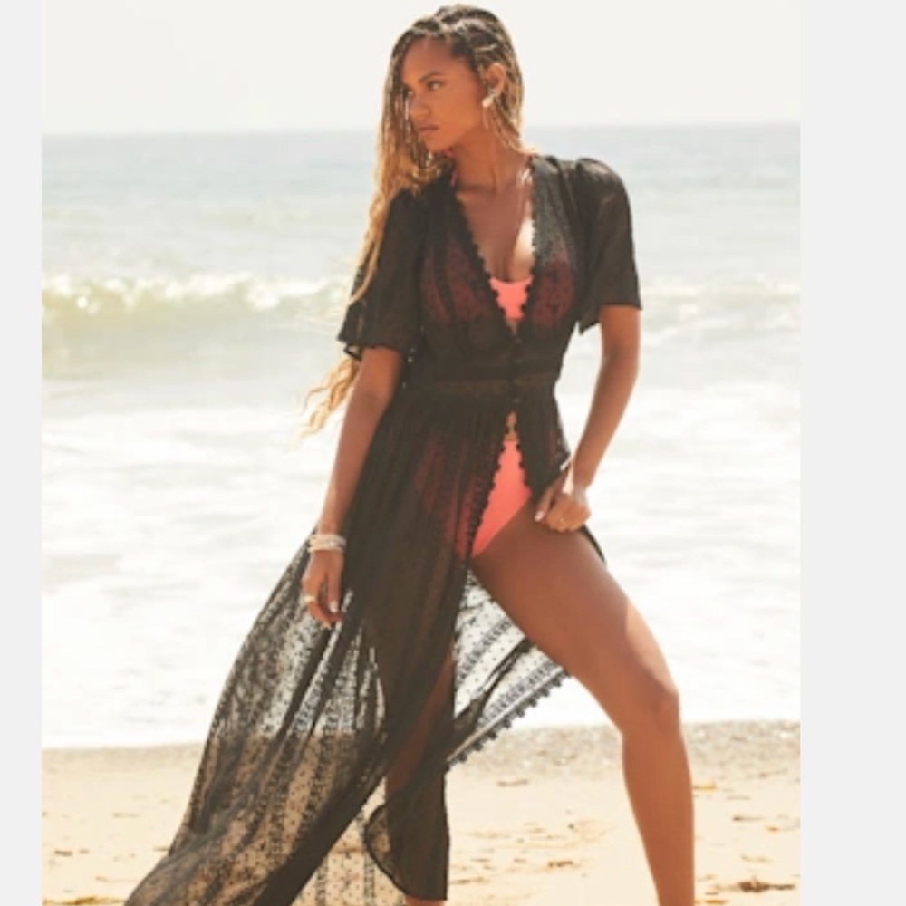 Lulu's Black Sheer Beach Cover-Up with Pink Swimsuit